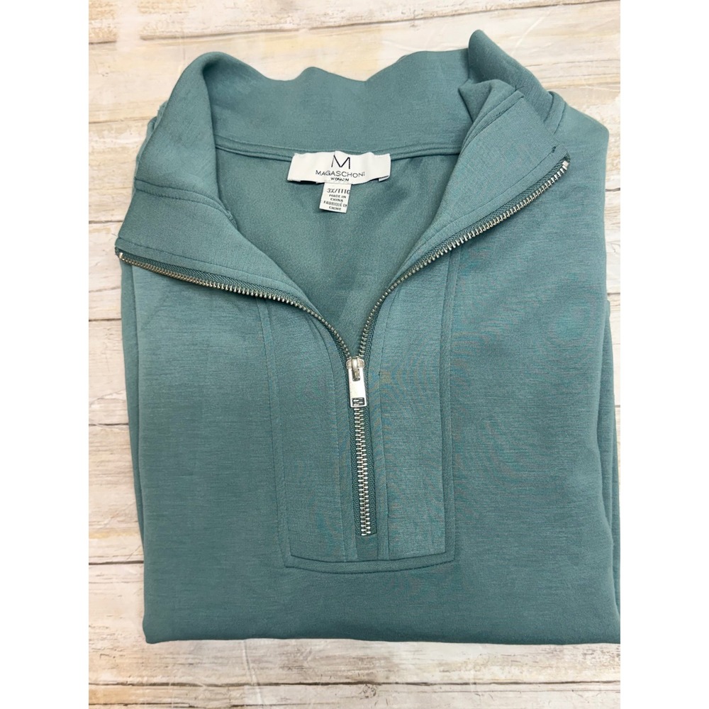 Magaschoni Woman Teal Green Quarter Zip Pullover Drop Shoulder Sweatshirt NWT
